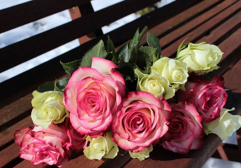 Bouquet of pink and white roses on bench in sunlight, funeral homes Garyville, LA