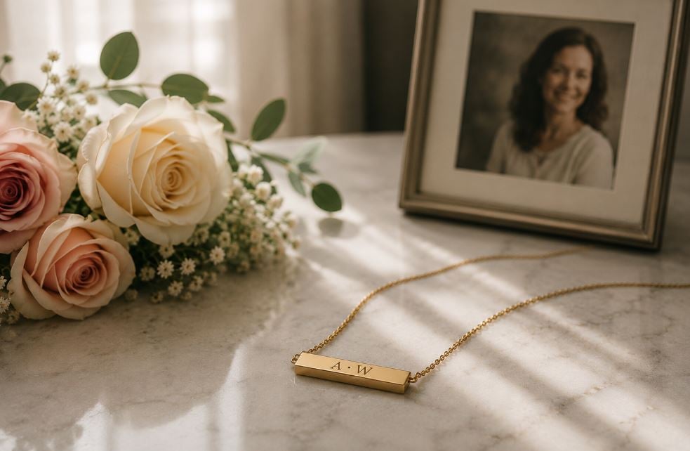 Keepsake jewelry by flowers and framed photo, telling a loved one’s story, cremation services Garyville, LA
