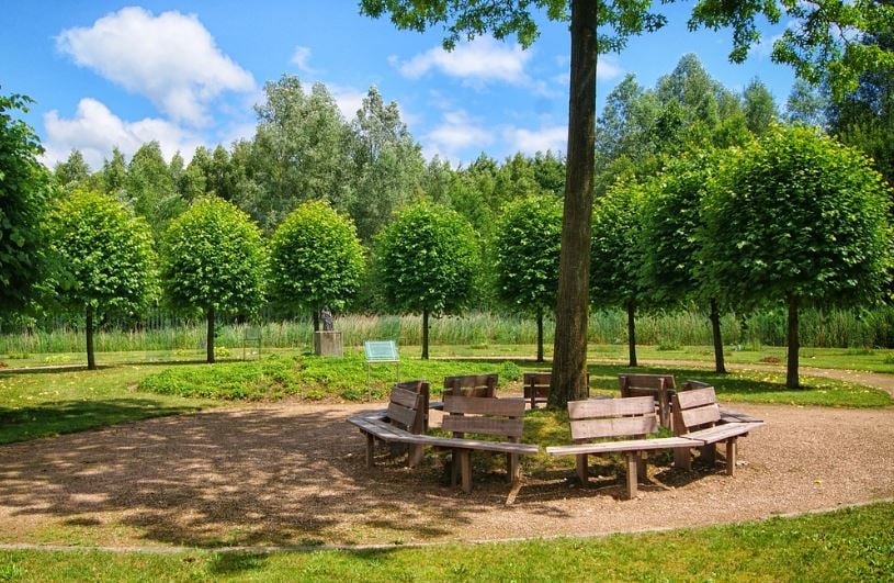 Park benches circling a tree in green garden, vault selection planning, funeral homes Garyville, LA