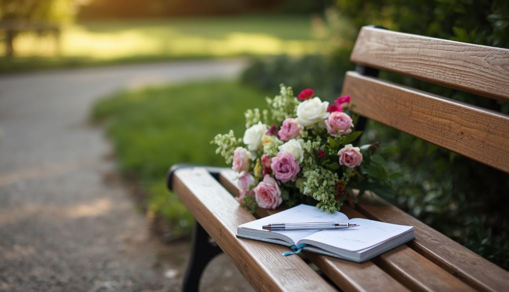 Quiet remembrance setting for funeral homes Reserve, LA with flowers and a memory journal