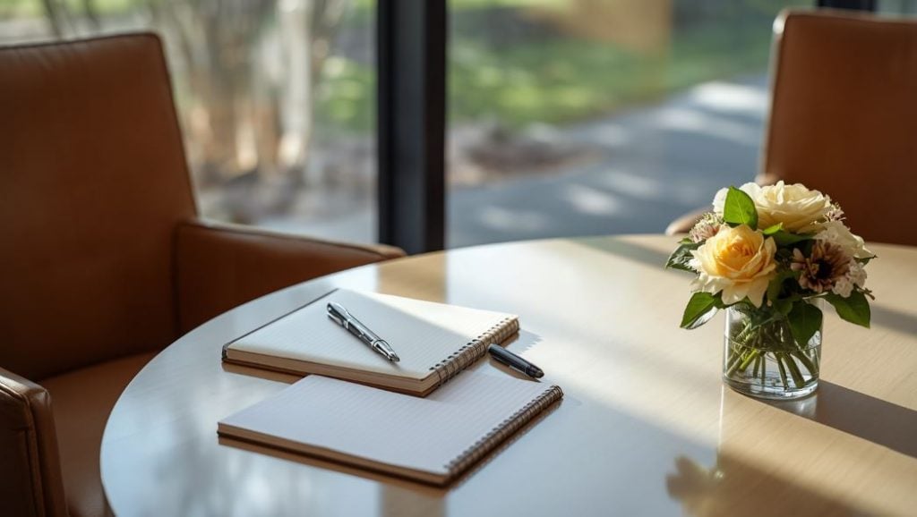 Organized memorial planning setting for funeral homes LaPlace, LA with greenery and warm light