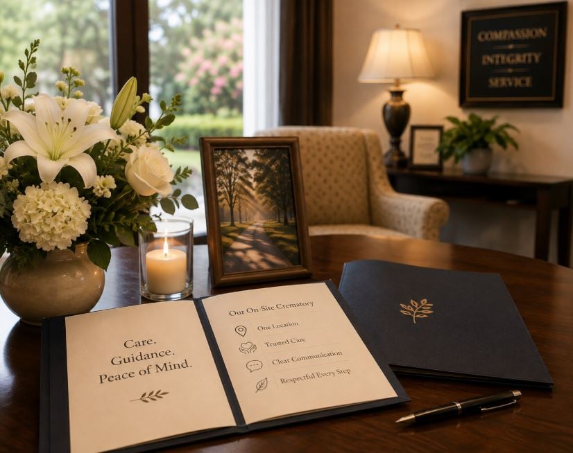 On-site crematory guide, flowers, and candlelight offer reassurance to families in Reserve, LA