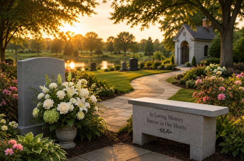 Traditional burial site with flowers and a quiet memorial bench in Garyville, LA