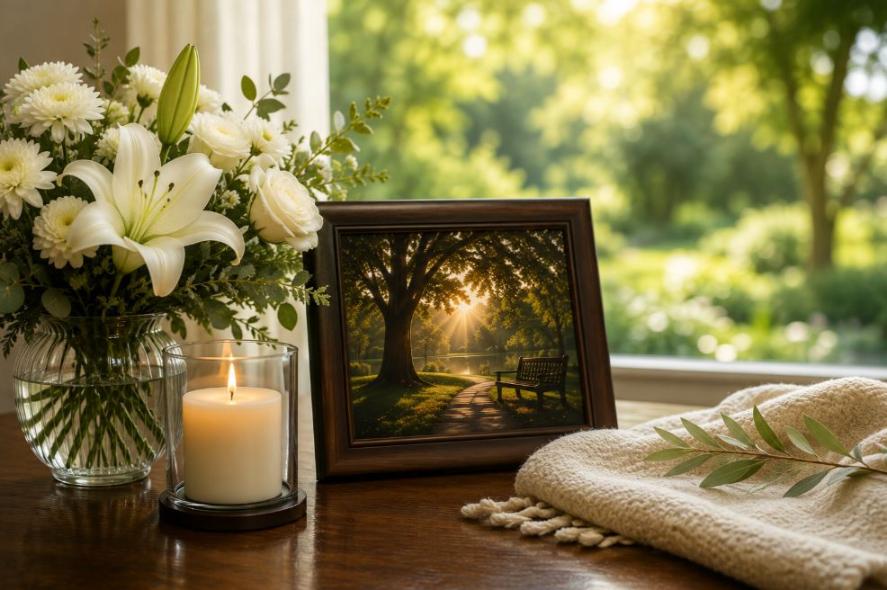 Memorial flowers and soft candlelight offer a simple, comforting tribute in Garyville, LA